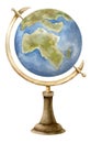Watercolor Globe. Hand Drawn Illustration Of Vintage Model Of Earth On Wooden Stand On Isolated White Background