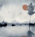 Watercolor gloomy and misty morning near the pond with a sun, birds and lonely tree Royalty Free Stock Photo