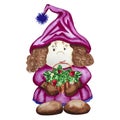 Watercolor gnome with a basket of berries. Hand drawing watercolor of a girl - a gnome in a pink dress and a hat with