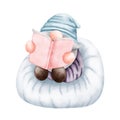 Watercolor gnome clipart. Cute gnome boy sittng on sofar and reading a book. Watercolor back to school gnome illustration.