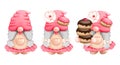 Watercolor gnomes with donut. Watercolor cute gnome girls with chocolate and strawberry donuts set.
