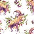 Watercolor goat seamless pattern with flowers, wildflowers, berries. Totem animals texture on white. Witchcraft power animals