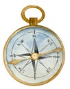 Watercolor gold and blue vintage pocket compass. Nautical element