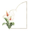 Watercolor gold border with linear flamingo, lupine and banana branch. Hand painted tropical bird, flowers and palm