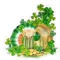 Watercolor gold coins and green trefoil and quatrefoil. Design of a bright illustration of jewelry for St. Patrick's