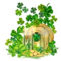 Watercolor gold coins and green trefoil and quatrefoil. Design of a bright illustration of jewelry for St. Patrick's