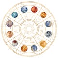 Watercolor gold composition of zodiac signs, planets and sun. Hand painted abstract astronomy calendar isolated on white