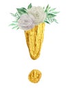 Watercolor gold exclamation mark with flowers bouquet composition and greenery