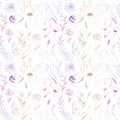 Watercolor and gold flowers and plants - seamless pattern. Pink, purple and blue