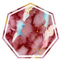 Watercolor gold frame in soft pastel pink and bordo colors. Polygonal shape. Place for your text Royalty Free Stock Photo