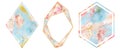 Watercolor gold frames set in soft pastel pink and blue colors. Polygonal heart shape. Royalty Free Stock Photo