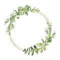 Watercolor gold geometrical wreath with greenery leaves branch twig plant herb flora isolated Royalty Free Stock Photo