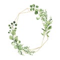 Watercolor gold geometrical wreath with greenery leaves branch twig plant herb flora isolated
