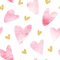 Watercolor and gold glitter hearts on white background. Seamless pattern for covers, cards, textiles, Valentine's Royalty Free Stock Photo