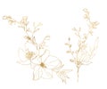 Watercolor gold linear bouquet of lily, lotus, magnolia, rose and ranunculus. Hand painted meadow flowers and leaves