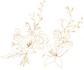 Watercolor gold linear bouquet of magnolia, rose, ranunculus, lily and lotus. Hand painted meadow flowers and leaves