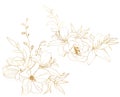Watercolor gold linear bouquet of ranunculus, lily, lotus, magnolia and rose. Hand painted meadow flowers and leaves