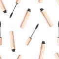 Watercolor gold mascara opened tubes seamless pattern on white Royalty Free Stock Photo