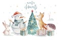 Watercolor gold Merry Christmas illustration with snowman, christmas tree , holiday cute animals fox, rabbit and