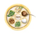 Watercolor gold Passover seder plate with holiday food, horseradish, parsley, egg, lamb leg bone, bitter herbs, charoset