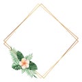 Watercolor gold rhomb frame with tropical flowers isolated on white background Royalty Free Stock Photo