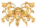 Watercolor golden baroque angel, floral curl, rococo ornament element. Hand drawn gold scroll, grape, leaves isolated on white Royalty Free Stock Photo