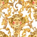 Watercolor golden baroque angel seamless pattern, floral curl, rococo ornament texture. Hand drawn gold scroll, grape, leaves on Royalty Free Stock Photo