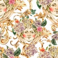 Watercolor golden baroque angel seamless pattern with hydrangea and wildflowers, rococo ornament Royalty Free Stock Photo