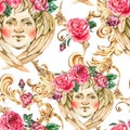 Watercolor golden baroque angel seamless pattern, with red roses, rococo ornament texture. Hand drawn gold scroll, face cupid on Royalty Free Stock Photo