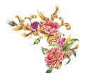 Watercolor golden baroque floral curl with blooming flowers. Roses and Peonies, rococo ornament element. Hand drawn floral gold