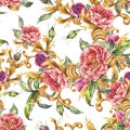 Watercolor golden baroque floral curl with blooming flowers seamless pattern. Roses and Peonies, rococo texture