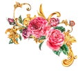 Watercolor golden baroque floral curl and red roses vignette, rococo ornament. Natural gold scroll, leaves Royalty Free Stock Photo