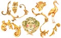 Watercolor golden baroque floral curl, rococo ornament element. Hand drawn gold scroll, leaves, crane, angel