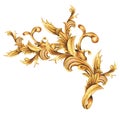 Watercolor golden baroque floral curl, rococo ornament element. Hand drawn gold scroll