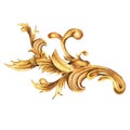 Watercolor golden baroque floral curl, rococo ornament element. Hand drawn gold scroll