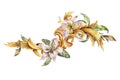 Watercolor golden baroque floral curl with royal lilies. Hand drawn gold scroll, leaves