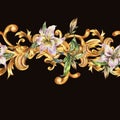 Watercolor golden baroque seamless border with white royal lilies. Hand drawn gold scrolls, flowers, leaves