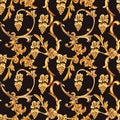 Watercolor golden baroque seamless pattern of floral curl, rococo ornament element. Hand drawn gold scroll, leaves texture