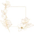 Watercolor golden border with line art magnolias. Hand painted floral card with flowers, leaves and branch isolated on