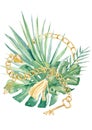 Watercolor golden chain and tropical leaves illustration. Design arragement for greeting card, template, banner