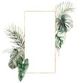 Watercolor golden frame with monstera and palm leaves. Hand painted tropical card with philodendron isolated on white Royalty Free Stock Photo