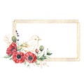 Watercolor golden frame with red anemones, lavender and bird. Hand painted holiday flowers and leaves isolated on white Royalty Free Stock Photo