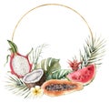 Watercolor golden frame with tropical fruits. Hand painted papaya, coconut, dragon fruit, watermelon and palm leaves