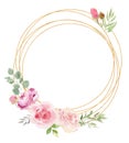 Watercolor golden geometric frame decorated with florals and roses peony