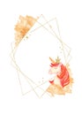 Watercolor golden geometric frame with unicorns, golden splashes, watercolor stains.