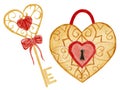 Watercolor golden heart lock and key with bow isolated on white background. For various products, valentine's day Royalty Free Stock Photo