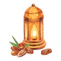 Watercolor golden lamp lantern with candle and dry palm dates fruit. Hand-drawn illustration isolated on white