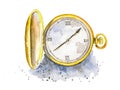 Watercolor golden pocket watch Royalty Free Stock Photo