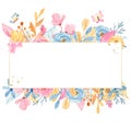 Watercolor golden round, rectangular frame with flowers. Romantic Unicorn collection.