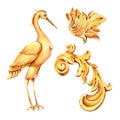 Watercolor golden set of baroque crane, floral curl, rococo ornament element. Hand drawn gold scroll